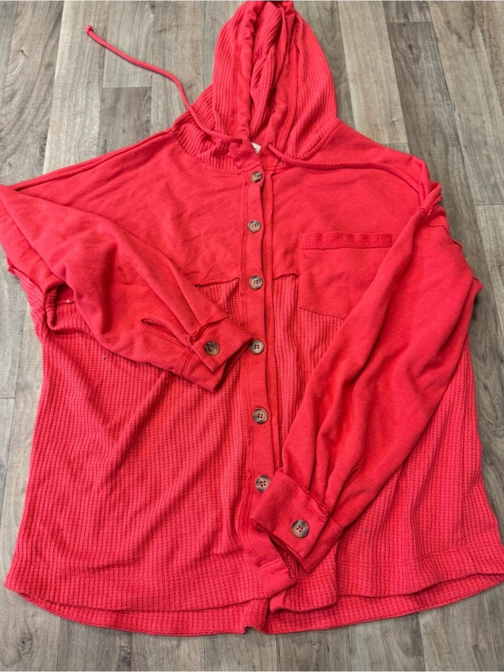 BKE Boyfriend Red Mixed Texture Button-Up Hooded Shirt – Size Medium
